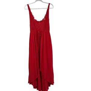 Free People Red Lace Boho Midi Dress Medium Crochet Detail Flowy Festival